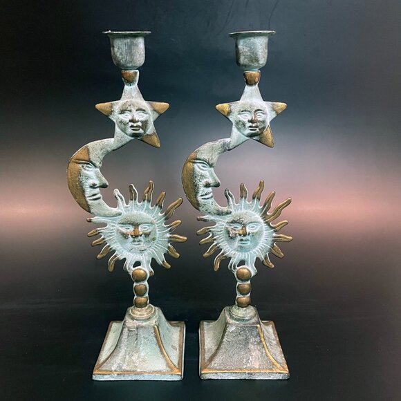 Vintage Celestial Brass Sun Moon & Star Candle Holders 3 Tiered Andrea by Sadek - Picture 4 of 7